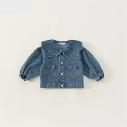 Jacken Mädchen Big Petal Kragen Blau Denim Frühling Kinder Koreanischen Stil Top Baby Mädchen Kleinkind Langärmelige Strickjacke Kinder Kleidung