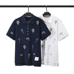 Camisas masculinas de meia manga de quatro barras listradas de algodão luxo lapela de manga curta camiseta casual tendência casal desgaste