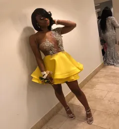Gorgeous Yellow Homecoming Dresses Short Mini One Shoulder Long Sleeves See Through Appliques Beaded Tiered Satin Tulle Prom Gowns5319623