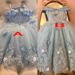 드레스 2021 귀여운 가벼운 하늘색 꽃 여자 드레스 여자 대회 대회 드레스 공주 튤 레이스 아플리케 진주 아이 볼 가운 생일 가운