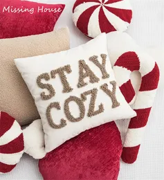 Merry Xmas Christmas Suger Crutch broderad kudde Cover Cushion Cover Cotton Pillow Case Flora Soffa Bedroom Home Decor 240306