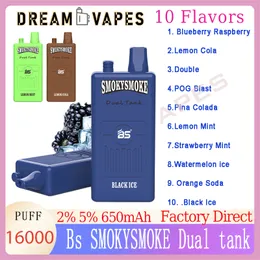 オリジナルBS smokymoke16000パフ使い捨てe 2個の個別のメッシュコイル付きデュアルタンクパワー650mah rechargaible18ml+18ml 10フレーバーベイプキット