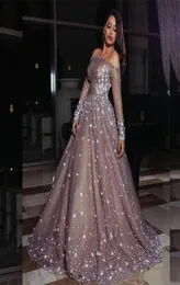 Elegante Elie Saab Manga Longa Tule Vestidos de Noite Formais Frisados Vestidos de Festa Árabe Vestido de Baile Maxi Wear Uma Linha 20208214986