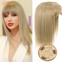 Peça meifan peças de cabelo sintético superior com franja meia cabeça capa cabelo branco stright natural fofo invisível substituição falso hairpiec