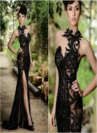 2021 Black Rami Salamoun Split Prom Dresses Long Appliqued Sheer High Neck Beading Mermaid Formella aftonklänningar Verklig bild Billiga P6572330