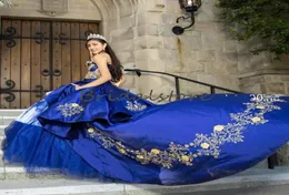 Королевские синие платья Quinceanera Мексиканское бальное платье в форме сердца 2020 Платья для выпускного вечера с золотыми аппликациями Корсетный топ Sweet 16 Платье для выпускного вечера v5207404