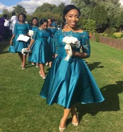 Cheap Elegant Short Bridesmaid Dresses For Weddings Teal Satin Lace Half Sleeves Tea Length Plus Size Formal Maid Honor Gowns Cust9410847