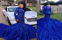 Afrika Mavi Balo Elbiseleri 2019 El Yapımı Çiçek Deniz Kızı Partisi Önlükler Uzun Süpürme Tren Dubai Gece Elbisesi Vestidos De Fiesta3422358