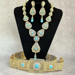 Arab Caftan Jewelry Set For Woman Gold Color Hollow Design Luxury Wedding Dress Belt Halsbandörhängen Set Bruden Crystal Jewelry 240315