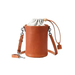 Bolsa balde com cordão original, bolsa feminina de nicho de couro curtido vegetal, textura retrô, bolsa crossbody de um ombro, bolsa de personalidade com contas redondas camelo