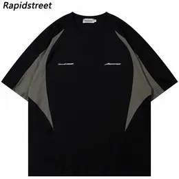 Tshirt Streetwear Unisex Retro Retro Tepeli Patchwork T-Shirt Kısa Kollu Erkekler Hiphop Gevşek Tişört Pamuk Üstleri Tee 240315