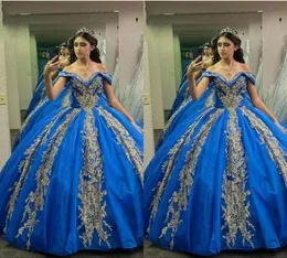 2023 Kraliyet Mavisi ve Altın Quinceanera Omuz Çiçek Aplike Boncuklar İnci Prenses Tatlı 16 Elbise Balo Partisi1899110
