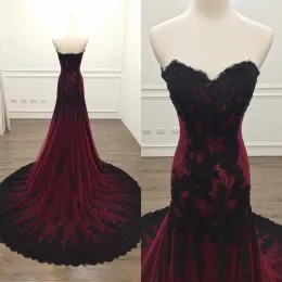 Abiti da ballo a sirena in pizzo nero in velluto bordeaux senza spalline abiti da sera convenzionali eleganti moderni Vestido De Novia formale da donna