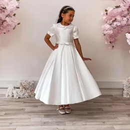 Elegant Short White Satin Bridesmaid Dresses With Pockets A-Line Jewel Neck Beaded Communion Dresses Formal Party Gown Ankle Length Wedding Guests Dresses for Girls