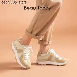 Casual Shoes Beautoday Casual Sports Womens Suede Leather Patch Work Color Spets Round Toe Platform Shoes Womens Apartment Handmade 29130 Q240320