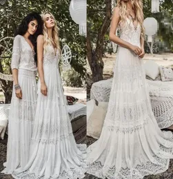 2019 Flowy Chiffon Lace Beach Boho Wedding Dresses Modest Inbal Raviv Vintage Crochet Lace Vneck Summer Holiday Country Bridal DR8641335