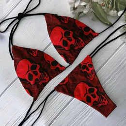 Damen-Bademode, modisches Bikini-Set, rückenfrei, niedrige Taille, sexy Totenkopf-Muster, bedruckt, Badeanzug, Strand, Surfen, Urlaub, Halloween, Rollenspiel, J240319