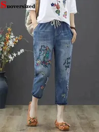 y2k nakış ayak bileği uzunluğunda bol kot pantolon elastik yüksek bel kapris up harem denim pantolon kadınlar vaquero büyük boy 4xl pantalon 240309