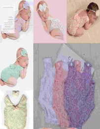 10st Nyfödd baby spetsar ihålig romper med båge pannband spädbarn barn po props klädpografi onesies onepiece rompers jump9770602