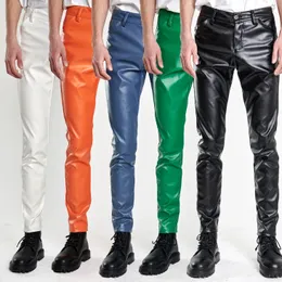Mens Pu Pants Medium Waist Candy Color Waterproof Artificial Leather Straight Trousers 240315