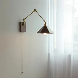 Wall Lamp Retractable Wooden Light With Rope Switch Bedside Japanese Rotatable Study Bedroom LED