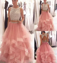 Exquisite Sequin Beaded Prom Dresses Organza Ruffles Two Piece Pink Crystals Bodice Long Evening Gowns Elegant Prom Party Dress2231139