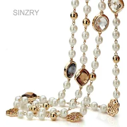 SINZRY venda Cubic zircon rose flower simulado pérola longo colar para mulheres camisola colar de inverno presente de natal 240220