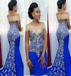 2019 Royal Blue Gold Appliqued Mermaid Prom Vestidos Sexy Alças Black Girl Formal Party Gown Plus Size Pageant Dress4541619