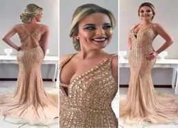 2019 Champagne Gold Major Beading Prom Party Dresses Mermaid Deep V Neck Open Back Crystal Evening Gowns Vestidos de Fiesta6630791