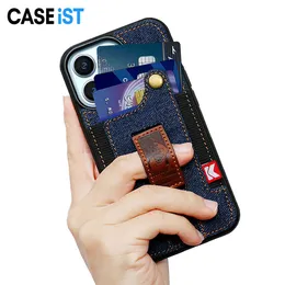 Caseist Creative Jeans Canvas Phone Case Credit Card Slot Elastic Ring Rem Holder Grip Pocket Wallet Denim Tygläder Back Cover för iPhone 14 Plus 13 12 Pro Max