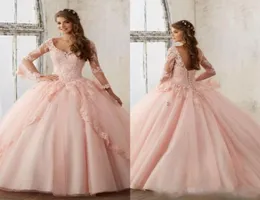 Blush Pink Ball Gown Quinceanera Dresses 2020 Long Sleeve Backless Lace Applique Prom Party Gowns Sweet 16 Birthday Dress Vestido 9771094