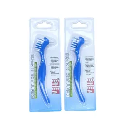 T-form Ny tandprotes dedikerad pensel tandborste dubbla huvuden falska tänder borstar gummi renare för män kvinnor blå vit färg