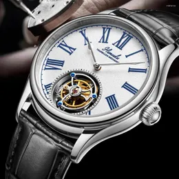 Armbandsur Hemudu Original Flying Tourbillon Watch for Men Mechanical Movement Wrist Watches Sapphire Waterproof Roman Scale Dial Classic Classic