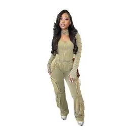 Oem Wholesale Acid Washed Women Cargo Pants Sets 2 Piece Womens Fall 2023 Tracksuit Casual Two Pieces for Clothing