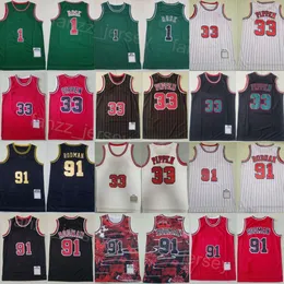 Maglia da basket retrò Derrick Rose Jersey 1 Vintage Scottie Pippen 33 Dennis Rodman 91 Team Rosso blu Bianco Nero Verde Per gli appassionati di sport Cucito sull'abbigliamento sportivo da uomo