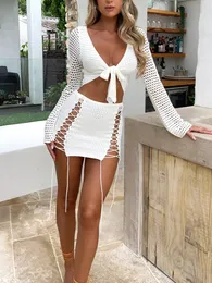 Gonne lavorate a maglia all'uncinetto da donna Set bikini a maniche lunghe scava fuori costume da bagno con lacci copricostume 2 pezzi abiti da bagno costumi da bagno 240320