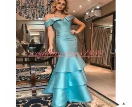 2020 Stupendi abiti da sera a sirena in raso blu Dubai con spalle scoperte Occasioni a strati Arabo Plus Size Party Prom Robe De Soiree Pag9819900