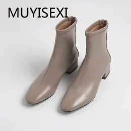 Сапоги эластичные сапоги на щиколотке на молнии 4 см на низких квадратных каблуках круглый ноги офисные женские ботинки Black Beige Nude Ming03 Muyisexi