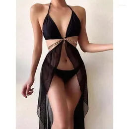 Kvinnors badkläder 2024 Solid Black 3 Pieces Bikini Set Women Mesh Cover Up Metal Chain kjolar Swimsuit Beach Bathing Suit thong Biquini
