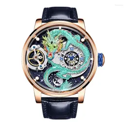 Wristwatches HANBORO Mens Automatic Watches Top Mechanical Wristwatch Luminous 5D Carved Dragon Dial Leather Strap
