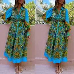 Basic Casual Dresses Polo Neck Printed Vintage Long Dress Princess Sleeves Laceup Big Hem Loose Vestidos Fashion Women Elegant Robe 2486