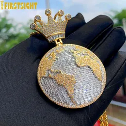 Iced Out Bling CZ King Of The World Pendant Necklace Cubic Zirconia Crown Globle Charm Men Fashion Hip Hop Jewelry 240311