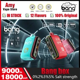 Оригинальный комплект Bang Box Puff 9000 18000 Одноразовый комплект Vape Box Dual Mode 18K 9K Puffs Перезаряжаемая сетчатая катушка Электронные сигареты 0% 2% 3% 5% Vaper 12 Flavorsbox 12k 15k 20k вейпы