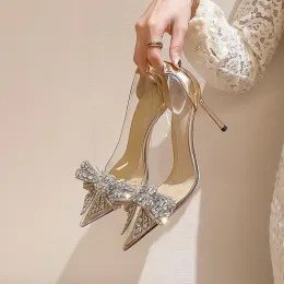 샌들 하이 휠 샌들 2022 New Fashion Sliver Rhinestone Bow Transparent Women Pumps Autumn Sexy Party Dress Shoes