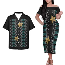 Tapa Floral Couple Matching Outfits Polynesian Hibiscus Samoan Fiji Off Shoulder Midi Dresses Women Elegant and Shirt 2pcs