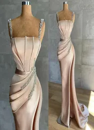 Eleganta mantel sjöjungfrun aftonklänningar 2022 Senaste sexiga spaghetti rems paljetter veckar långa formella festkändis klänningar vestidos2465448