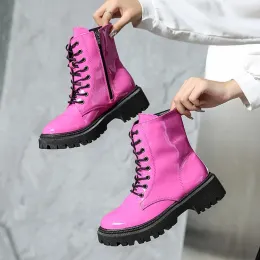 Boots 2023 Lace Up Pink Ankle Boots Woman Patent Leather Platform Boots Motorcycle Boots Woman Chich