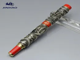 Caneta jinhao de luxo para marca, caneta esferográfica cinza com dragão duplo em relevo, material de escritório para negócios, canetas de metal suave 2736952