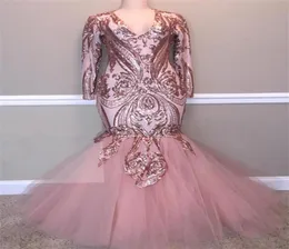 2019 Blush Pink Paillettes Sirena Abiti da ballo Sexy Shinny Manica lunga Abito da cerimonia formale Plus Size Abito da spettacolo tromba Personalizzato Mad6007470