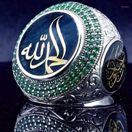 Vintage Islam Prophet Muhammad Blauer Kristallring Punk Saudi Star Türkisch Osmanisch CZ Statement Ringe für Männer Boho Muslim Jewelry1289e